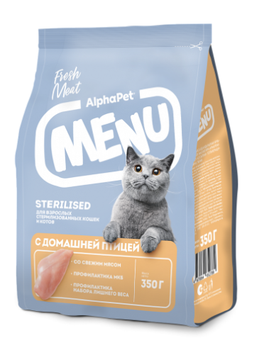 ALPHAPET (АльфаПет) MENU корм сухой для стерилизованных кошек птица 350 г